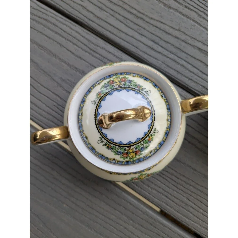 Noritake Avril China Creamer & Sugar w Lid 1918-1931 Floral Gold Blue Antique